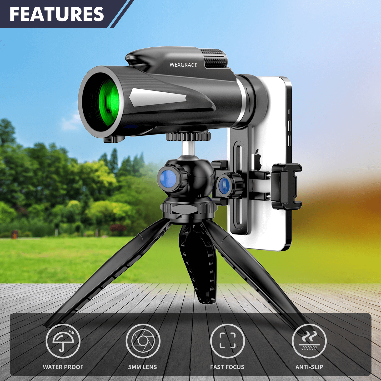 Monocular 12x50 high power low light night vision handheld camera telescope